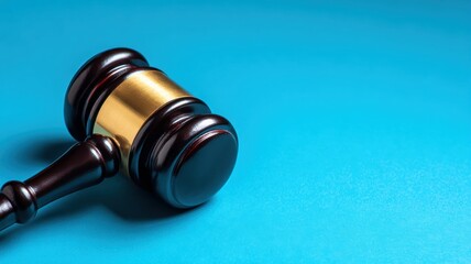 A gavel resting on a blue surface, symbolizing law and justice.