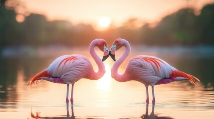 Naklejka premium Two Flamingos Forming a Heart Shape at Sunset