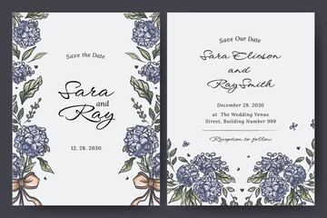 Hand drawn wedding card with hydrangea flower, blooms, bouquet, ribbon, bow illustration design for flyer, poster, wedding invitation, cover.