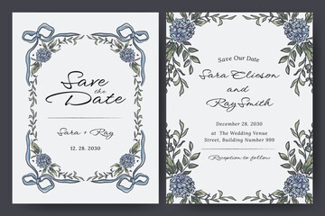 Hand drawn wedding card with hydrangea flower, blooms, bouquet, ribbon, bow illustration design for flyer, poster, wedding invitation, cover.