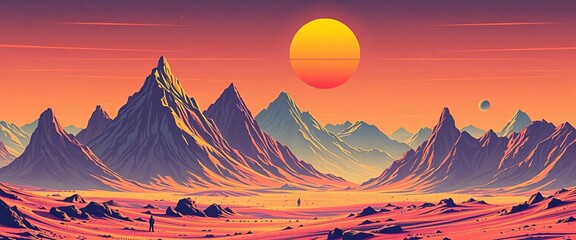 Retro futuristic mountains, alien sun, stylized landscape, vintage sci-fi illustration, geometric, texture