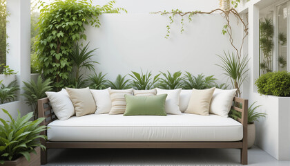 a masterclass in blending natural elements with modern comfort. The main attraction is the plush daybed, adorned with an array of white and cream-hued pillows