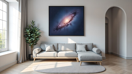 Modern Living Room with Galaxy Artwork on Wall
