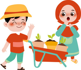 Children Gardening with Wheelbarrow and Plants