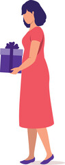 Side View Of A Young Woman Holding A Present Gift Box.