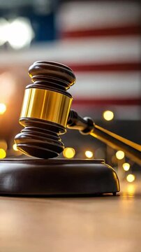 A gavel rests on a wooden base, symbolizing law and justice in a courtroom setting. The scene is illuminated by soft lights, creating a serious atmosphere.