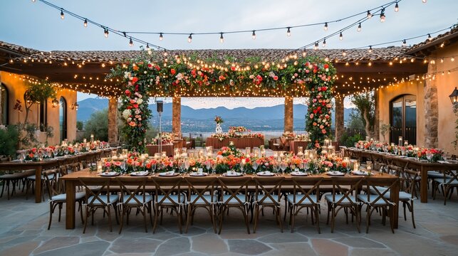 Elegant outdoor wedding reception.  Long tables, floral arch, mountain view