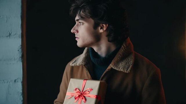 Young man holding a gift during secret Santa celebration in a dimly lit room, Young man standing holding a gift, playing secret Santa Cinematic