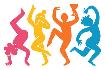 People Party illustration, colorful minimalist style, mid-century modern, childlike shapes, whimsical character design, no outlines, solid colors, stylized proportions