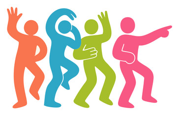 People Party illustration, colorful minimalist style, mid-century modern, childlike shapes, whimsical character design, no outlines, solid colors, stylized proportions