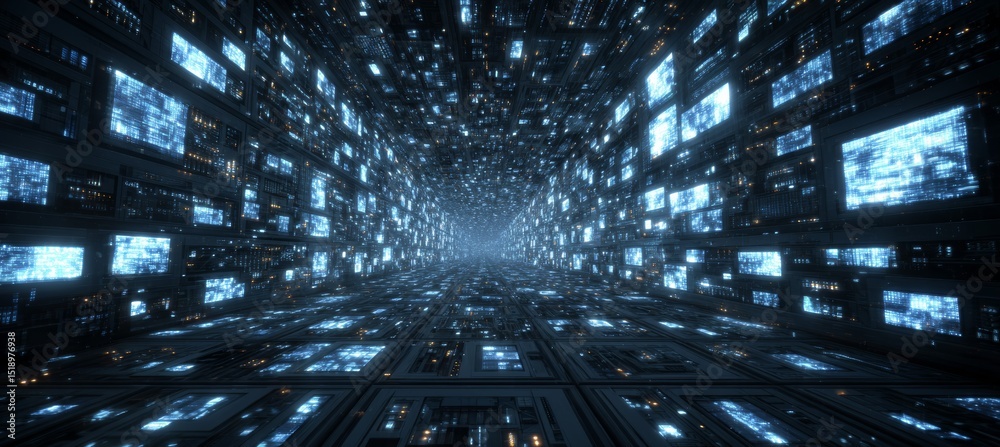 Poster Cyberspace digital virtual dimension with screen display. Matrix teleport portal. Generative AI technology.	
