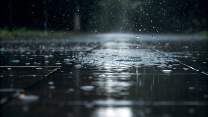 Rainy Day Street Scene Close-Up of Wet Pavement and Falling Raindrops