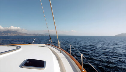 View from the yacht to the sea, sailing forward. The bow of the yacht. AI generation.