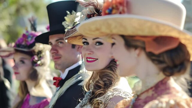 Women in elaborate vintage costumes and stylish hats enjoying a sunny outdoor gathering in a park, Women in vintage costumes and fancy hats at outdoor event
