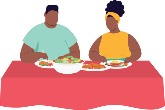 Plus Size Black Family Couple Eating Dinner Together At Home.
