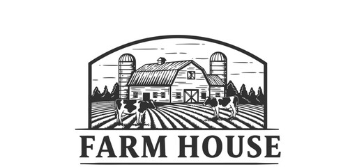 Black and White Farmhouse Scene with Cows and Silos
