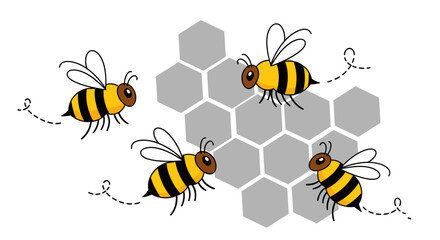 Four Cartoon Bees Flying Near Honeycomb