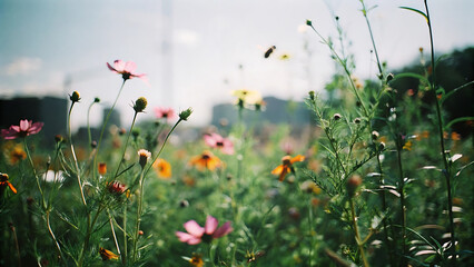 Vibrant Wildflower Meadow in Cityscape A Burst of Nature's Beauty