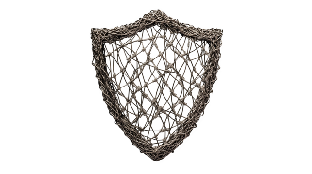 A shield icon constructed from tightly woven threads, representing layered security or community protection, isolated on Transparent background.