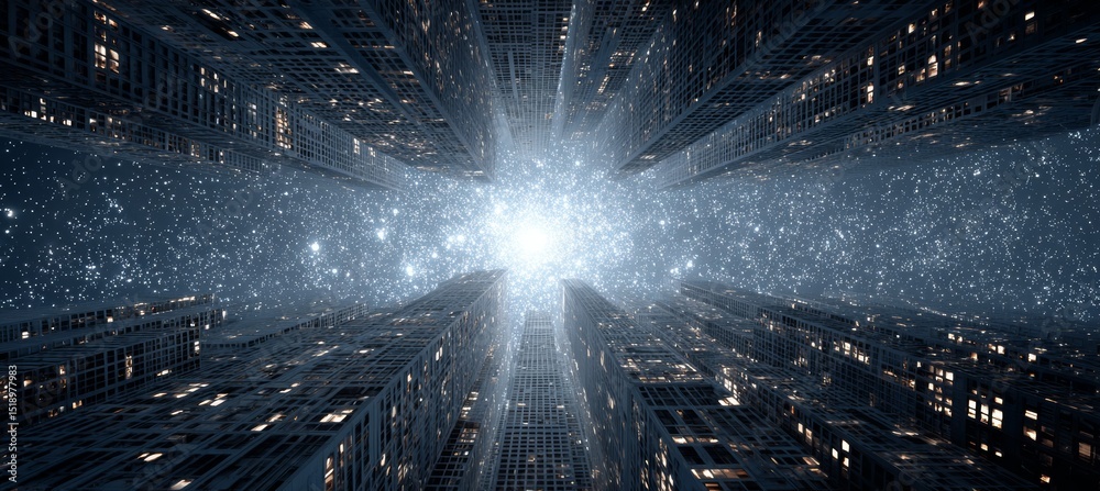Poster up view cyberspace city building with light hope. generative ai technology.