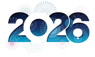 The Year 2026 New Year&rsquo;s Greeting Symbol Logo Decorated With Celebratory Fireworks. Vector Illustration Isolated On A White Background. 