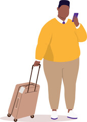One Plus Size Black Businessman In Smart Casual Holding Luggage And Checking At His Mobile Phone. 