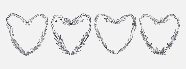 set of whimsical floral wreath and ribbon border frame for wedding card, save the date or valentine day. Scribble line art style.