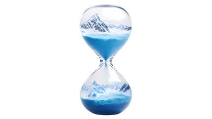 Hourglass filled with melting polar ice cap imagery instead of sand, symbolizing climate change urgency, isolated on Transparent background.