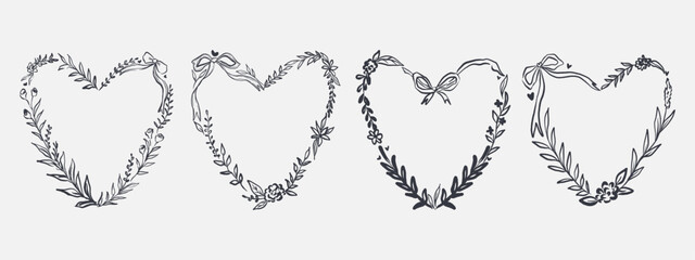 set of whimsical floral wreath and ribbon border frame for wedding card, save the date or valentine day. Scribble line art style.
