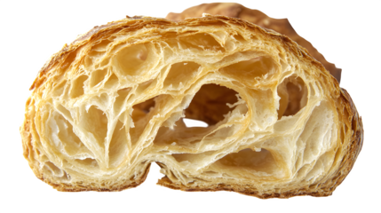 Freshly baked croissant, flaky layers clearly visible, golden brown color, isolated on Transparent background.