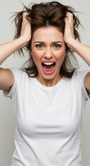 Naklejka premium A Young Woman Expressing Intense Frustration and Anger, a Portrait of Stress and Outburst