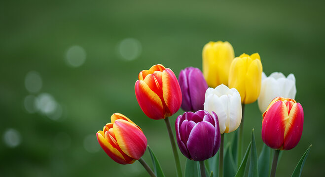 Vibrant and colorful assortment of beautiful blooming tulips against a green background