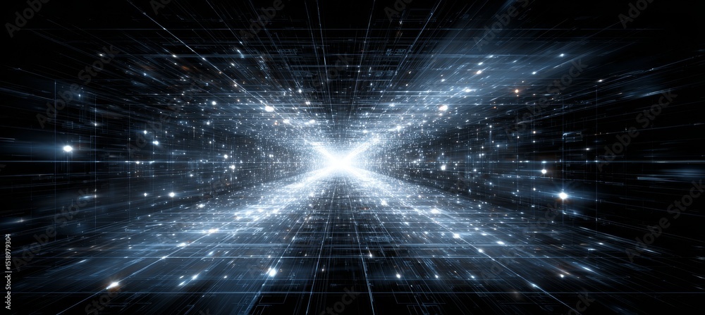 Poster Cyberspace digital virtual five dimension space tunnel. Matrix teleport portal. Generative AI technology.	

