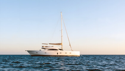 A yacht floats on the sea in the distance. Clear sky. The yacht is on the horizon.. AI Generation