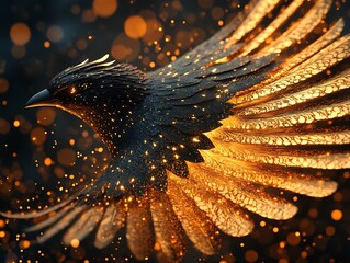 Mystical golden avian creature soaring through a starlit ethereal realm