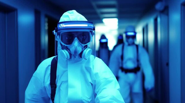 Covid response teams in protective gear navigate a brightly lit corridor during a health crisis, Mask wearing Covid drones trudge down a corridor