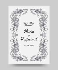 Save the date wedding poster with hand drawn whimsical hydrangea flower and ribbon bow illustration. scribble line art style.