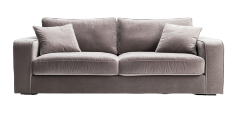 Light-grey velvet sofa with square arms and two matching cushions