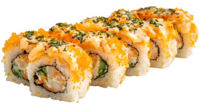 Single sushi roll (e.g., salmon maki), view showing filling and rice texture, isolated on Transparent background.
