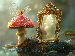 Whimsical forest scene featuring a fairy on a mushroom near an ornate mirror