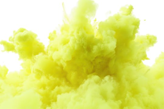 A vibrant, pale yellow cloud of smoke or ink explodes outwards against a black background, billowing in a chaotic yet aesthetically pleasing manner