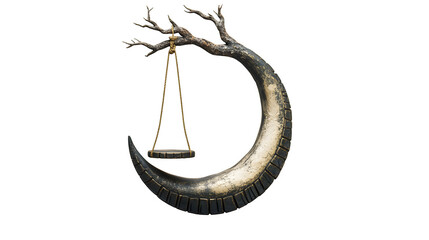 Tire swing hanging from a crescent moon instead of a tree branch, whimsical night scene element, isolated on Transparent background.