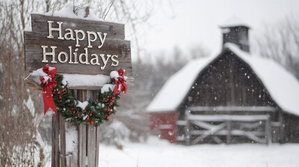 Happy Holidays Winter Wonderland: Snow Covered Barn and Festive Sign