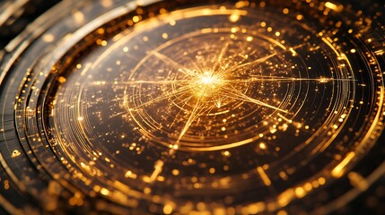 Golden orbital array emitting radiant energy bursts in circular progression
