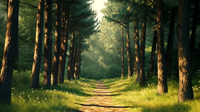 Sunlit path through a lush forest with tall trees