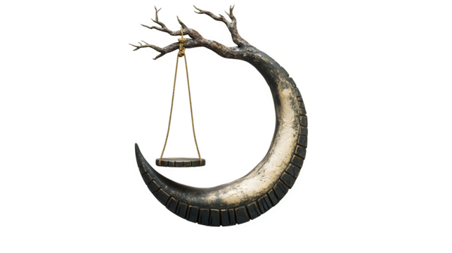 Tire swing hanging from a crescent moon instead of a tree branch, whimsical night scene element, isolated on Transparent background.