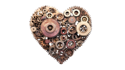 Valentine's Day heart shape made entirely of tiny, interlocking metallic gears, steampunk style, isolated on Transparent background.