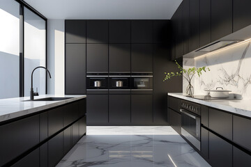 Luxury large modern black marble kitchen united with dining room and living room