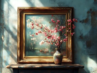 Harmony of art and nature, a tranquil fusion of painting and floral arrangement