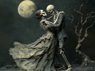A Skeletal Embrace Underneath the Pale Moon's Glow: A Dark Romantic Dance of Death and Love